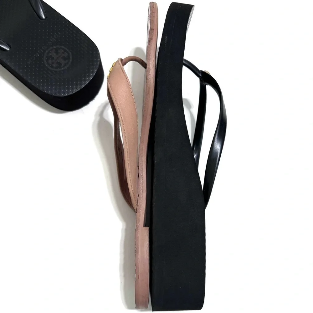 Tory Burch Black Cutout Wedge Flip Flop Platform Sandals Size 9.5